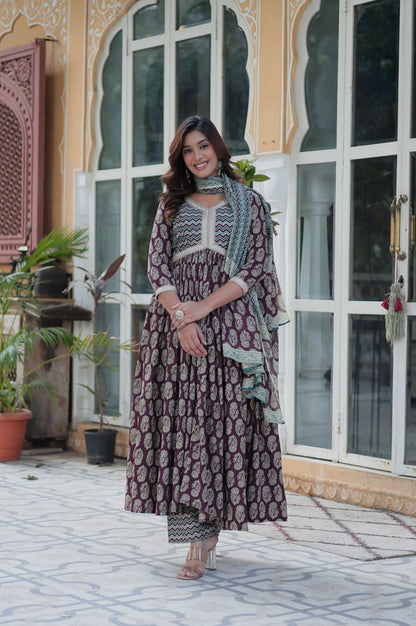 Pure Cotton Kurti Pant Dupatta Set | Coffee & Green | Ethnic Luxe