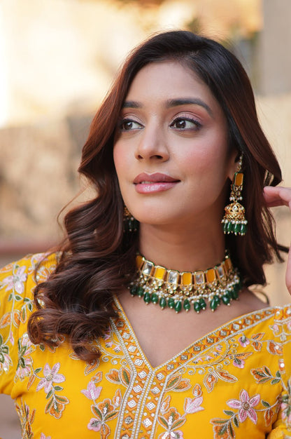 Yellow & Red Designer Gown Set with Zari Sequin Work