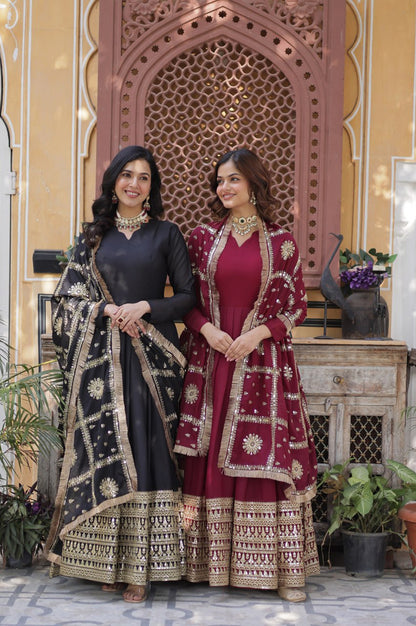 Black & Maroon Star  Gown with Dupatta – Ready-to-Wear Collection