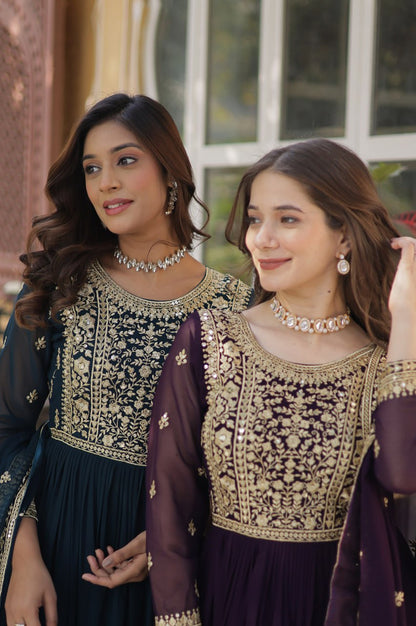 Faux Embroidered Gown Set | Rama & Purple | Premium Festive Wear