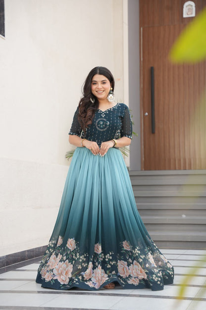 Designer Blue & Purple Gown with Embroidery & Floral Digital Print