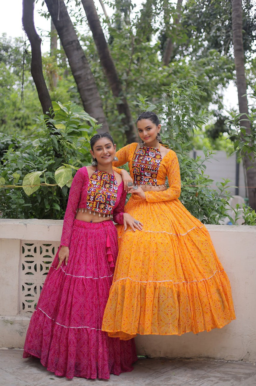 Bandhej Print Navratri Lehenga Choli with Gamthi Embroidery & Gotta Patti Lace – 12 Meter Flair (Fully Stitched)