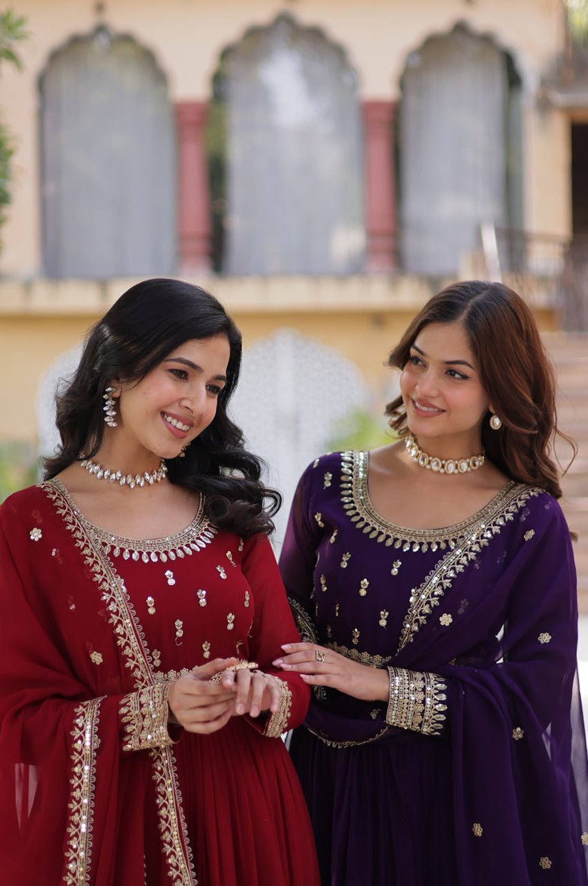 Maroon & Purple Faux Embroidered Gown with Dupatta – Regal Edition