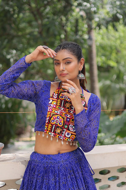 Bandhej Print Navratri Lehenga Choli with Gamthi Embroidery & Gotta Patti Lace – 12 Meter Flair (Fully Stitched)