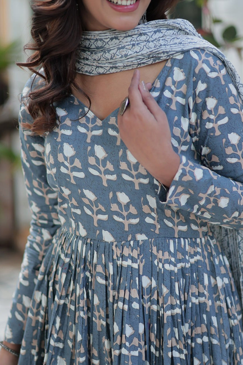 Pure Cotton Kurti Pant Dupatta Set | Gray & Orange | Ethnic Charm