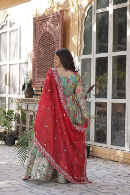 Elegant Alia Cut Russian Silk Gown with Dupatta (Orange & Green)