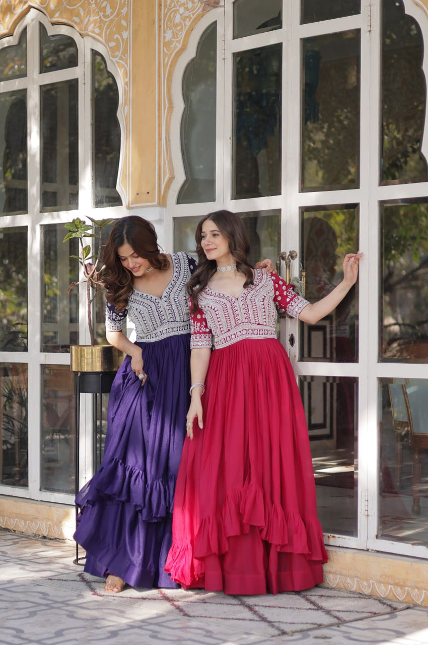 Slit-Cut Long Kurti with Lehenga Set | Purple & Red