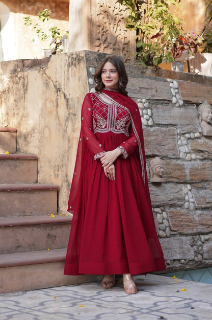 Premium Faux Blooming Embroidered Gown with Dupatta (Maroon & Purple)