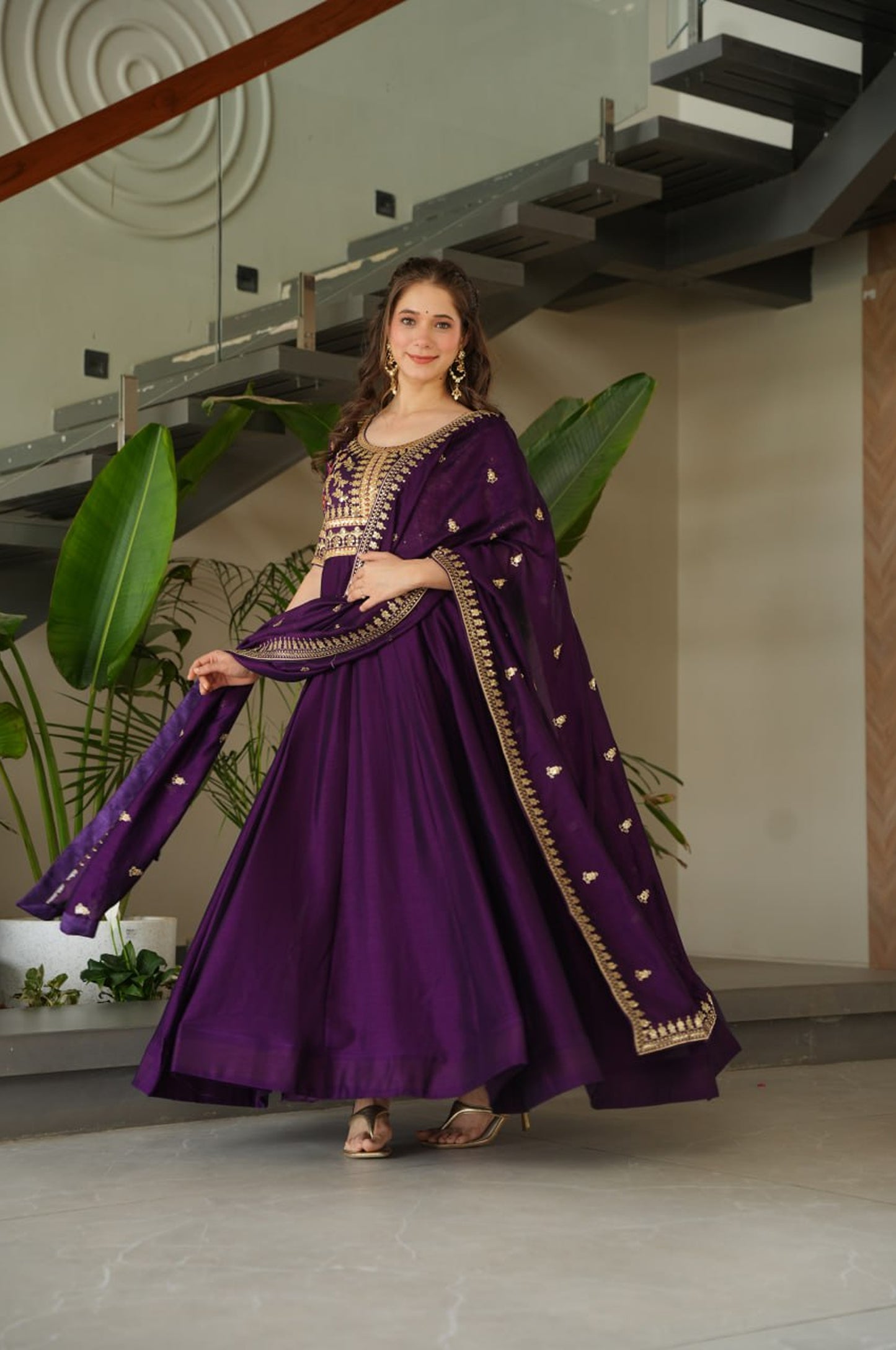 Premium Vichitra Silk Gown with Dupatta (Red & Purple Variants)