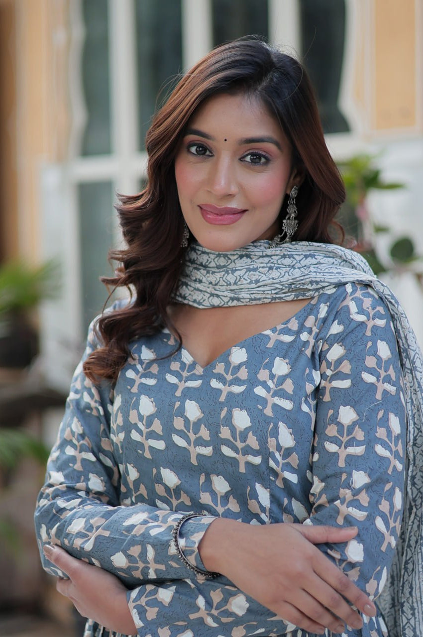 Pure Cotton Kurti Pant Dupatta Set | Gray & Orange | Ethnic Charm