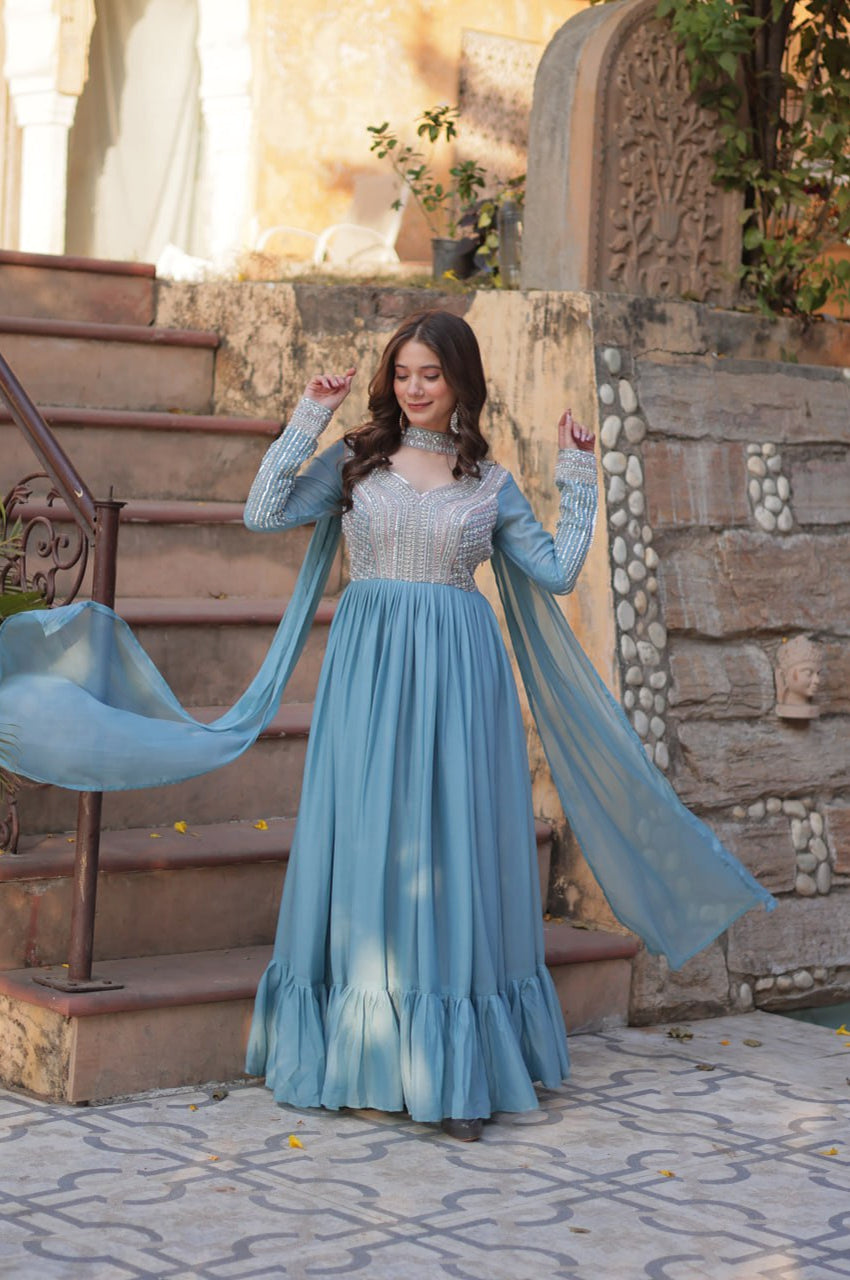 Elegant Star Georgette Gown with Beads + Dupatta | Sky Blue & Purple
