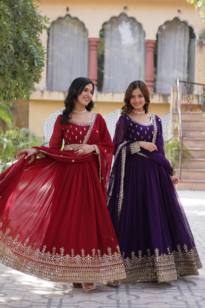 Maroon & Purple Faux Embroidered Gown with Dupatta – Regal Edition