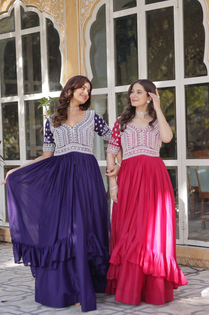 Slit-Cut Long Kurti with Lehenga Set | Purple & Red