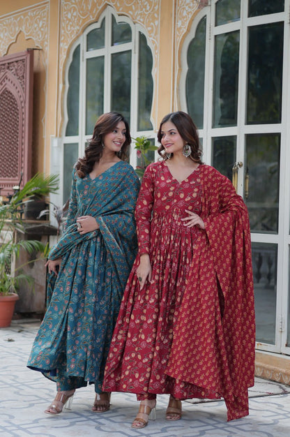 Blue & Red Premium Cotton Kurti with Pant and Dupatta Set