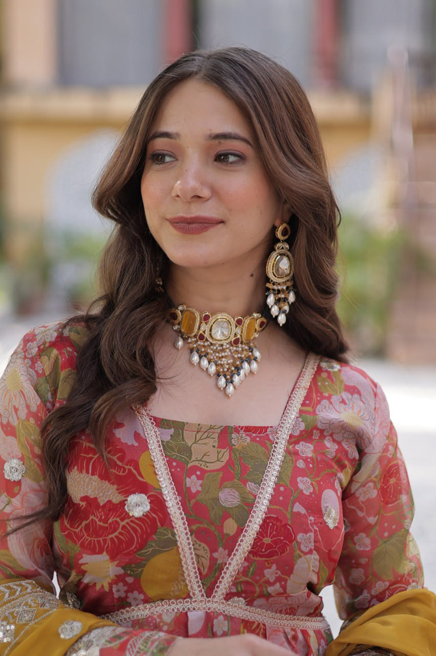 Elegant Alia Cut Russian Silk Gown with Dupatta (Orange & Green)