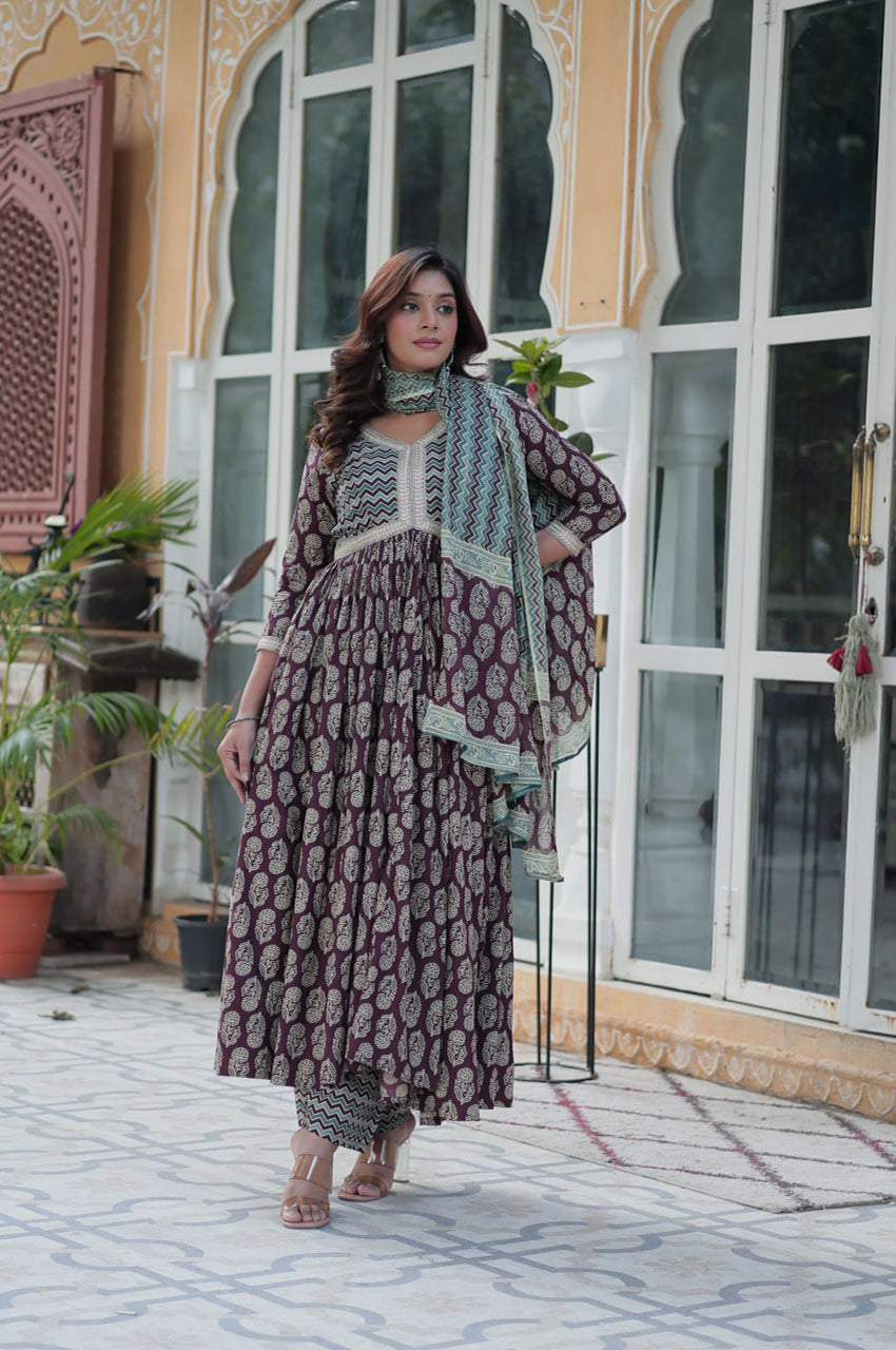 Pure Cotton Kurti Pant Dupatta Set | Coffee & Green | Ethnic Luxe