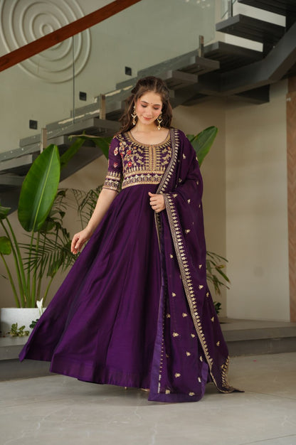 Premium Vichitra Silk Gown with Dupatta (Red & Purple Variants)
