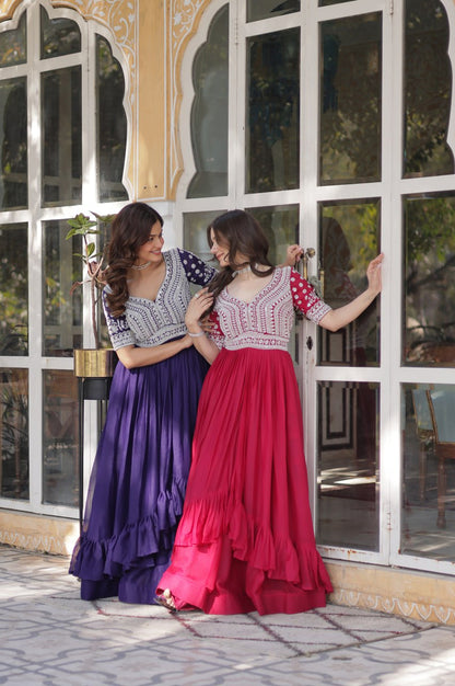 Slit-Cut Long Kurti with Lehenga Set | Purple & Red