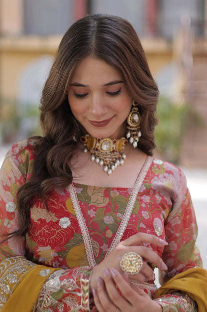 Elegant Alia Cut Russian Silk Gown with Dupatta (Orange & Green)