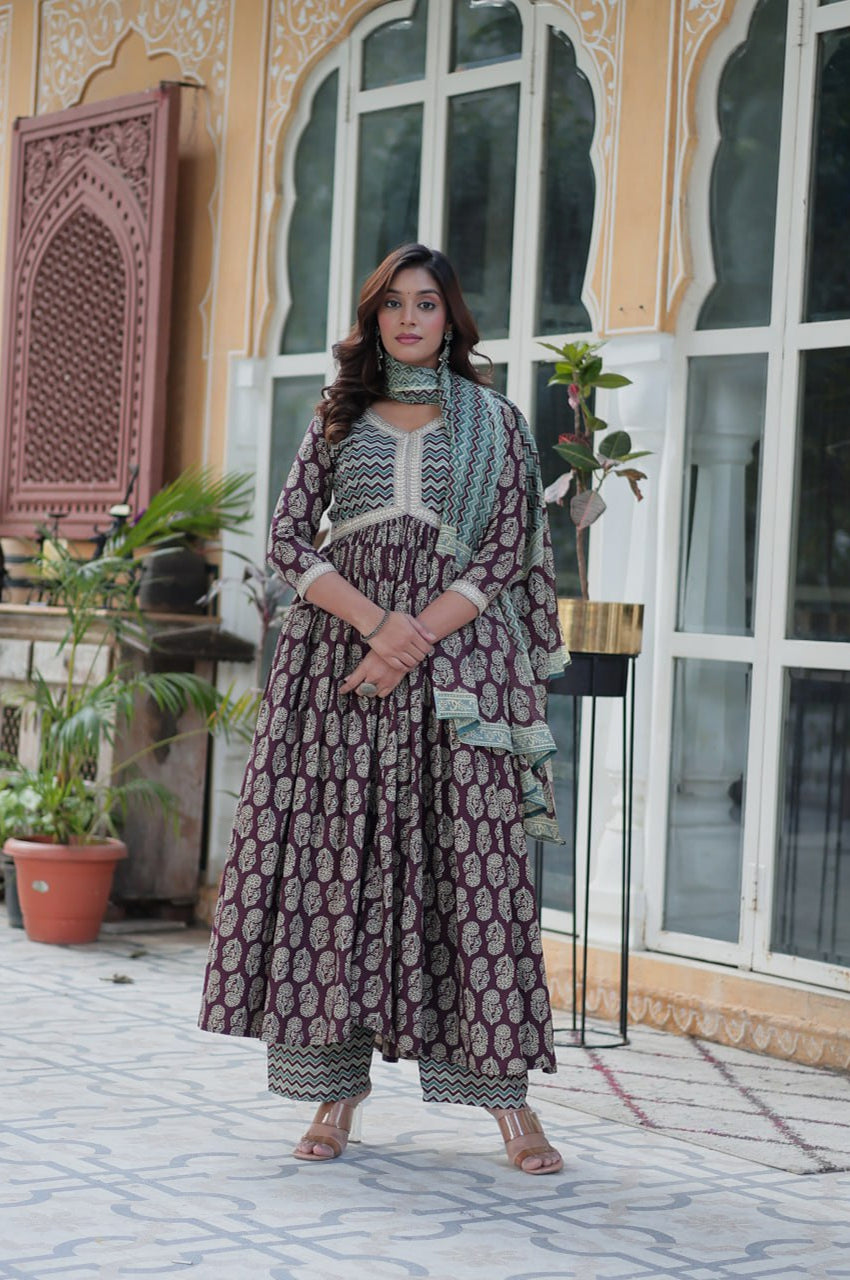 Pure Cotton Kurti Pant Dupatta Set | Coffee & Green | Ethnic Luxe