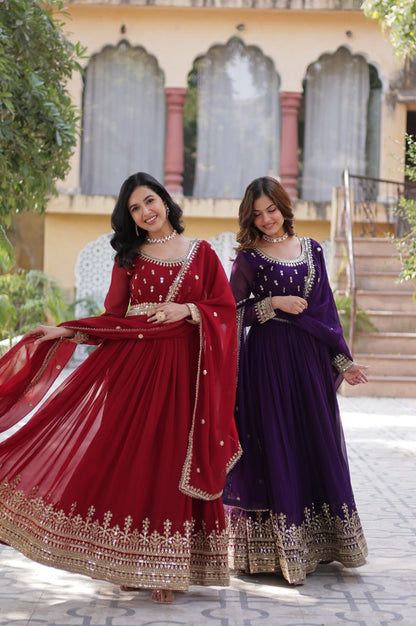 Maroon & Purple Faux Embroidered Gown with Dupatta – Regal Edition