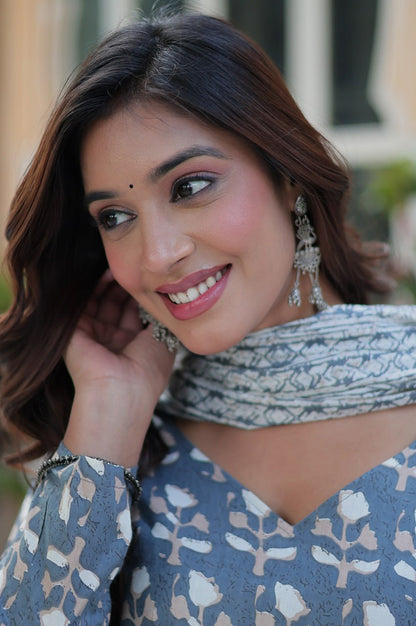 Pure Cotton Kurti Pant Dupatta Set | Gray & Orange | Ethnic Charm