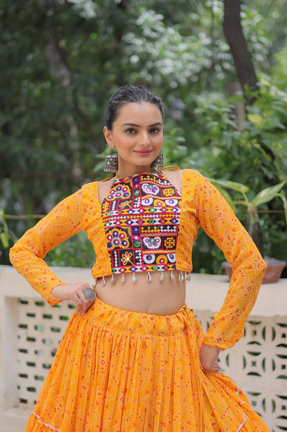 Bandhej Print Navratri Lehenga Choli with Gamthi Embroidery & Gotta Patti Lace – 12 Meter Flair (Fully Stitched)