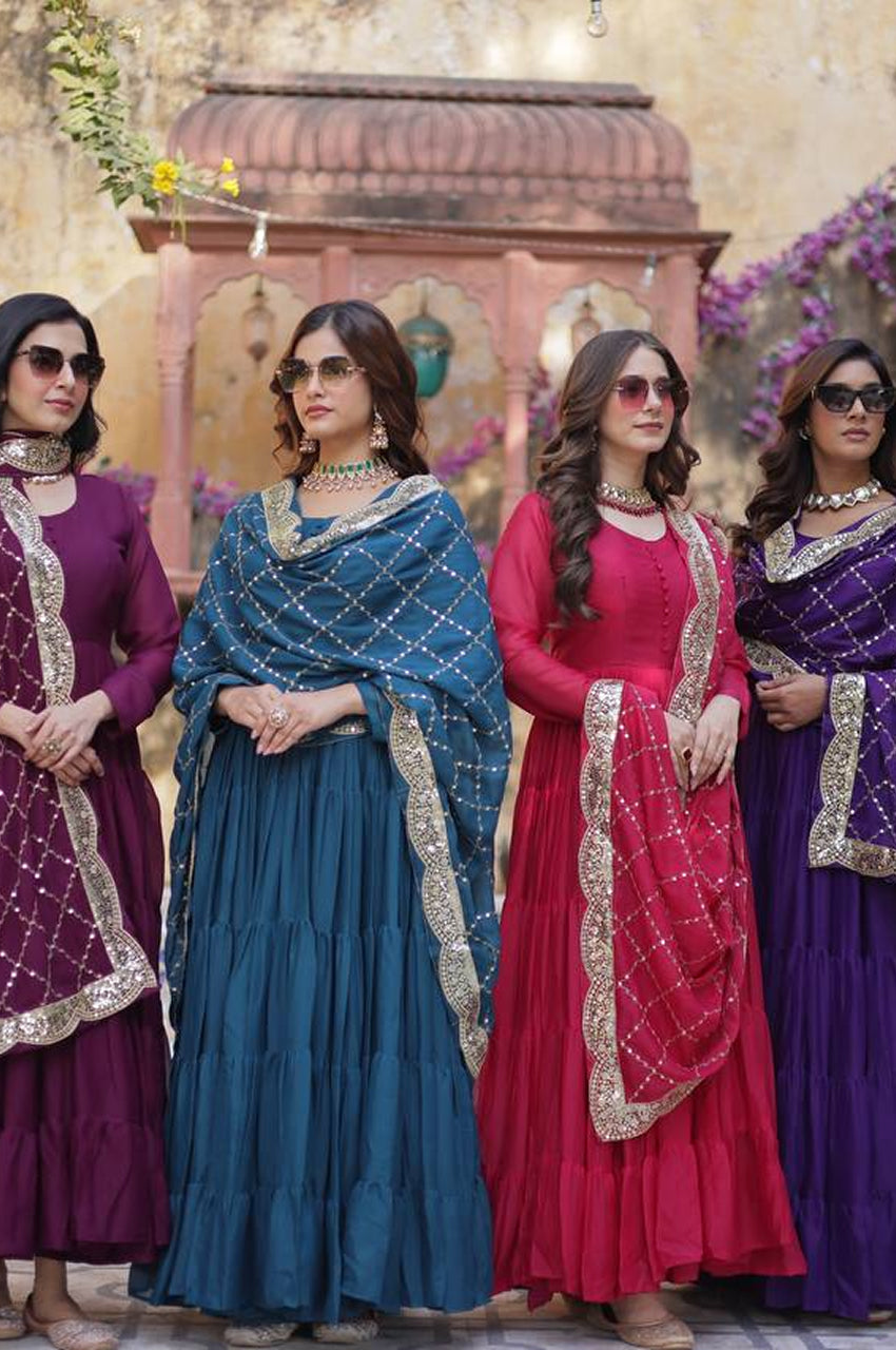 Premium 15 Mtr Flair Gown Set with Embroidered Dupatta