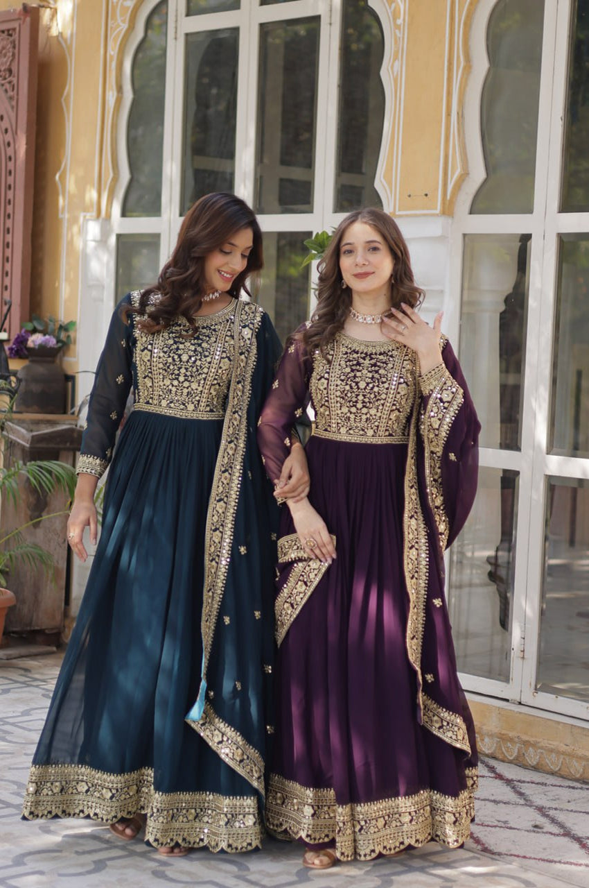 Faux Embroidered Gown Set | Rama & Purple | Premium Festive Wear
