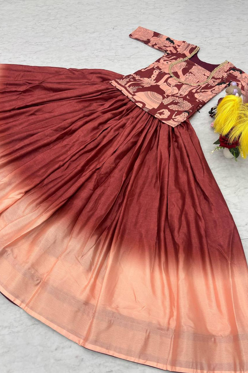 Maroon Chinon Lehenga with Kalamkari Crop Top & Jacket