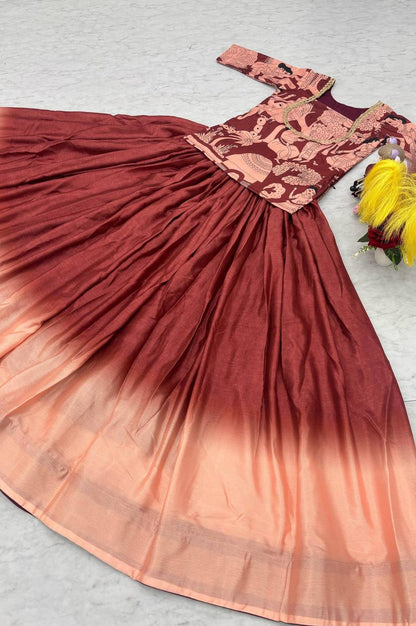 Maroon Chinon Lehenga with Kalamkari Crop Top & Jacket