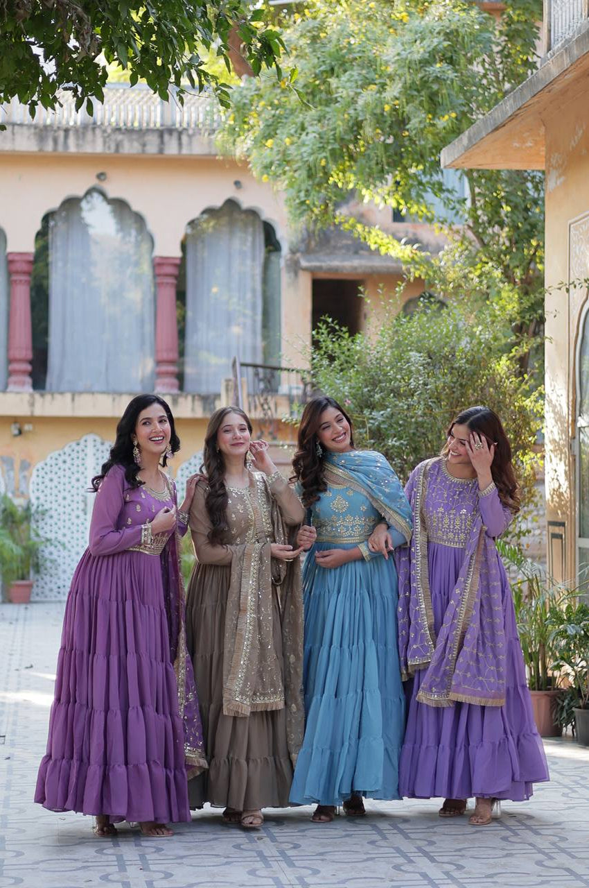 Premium Star Georgette Heavy Flair Gown with Embroidered Dupatta