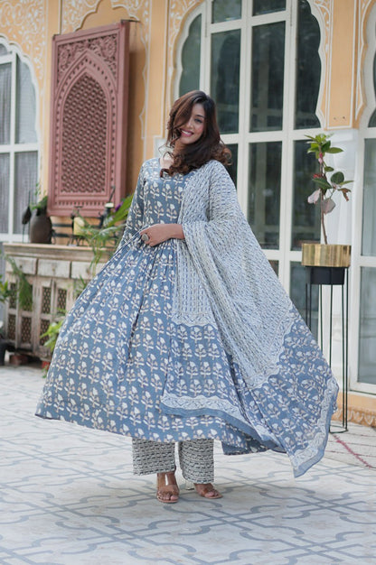 Pure Cotton Kurti Pant Dupatta Set | Gray & Orange | Ethnic Charm