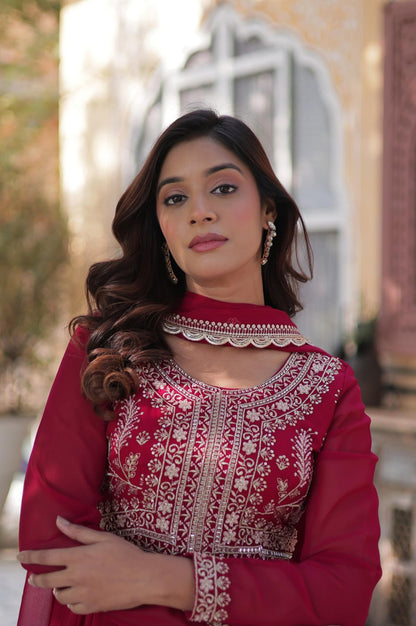 Premium Faux Blooming Gown with Pearl Embroidery & Dupatta (Red)