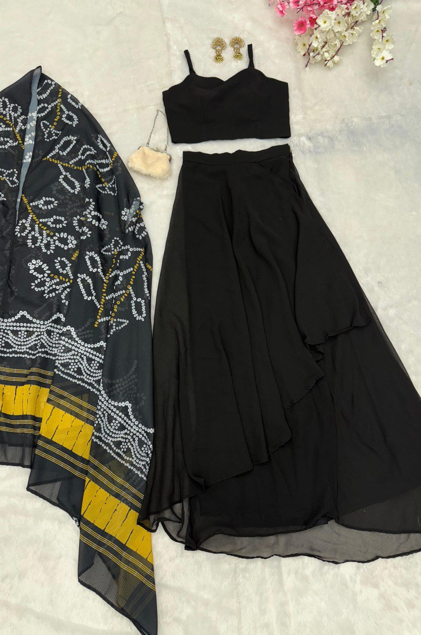 Black Indo-Western Drape Skirt Set with Embroidered Blouse & Shrug