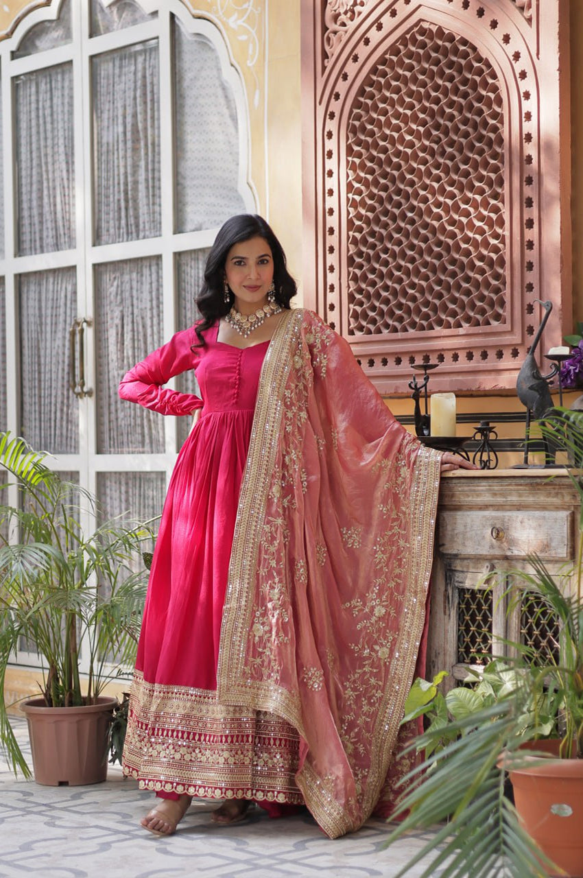 Rani Pink & Green Vichitra Gown with Dupatta – Festive Flair Edition