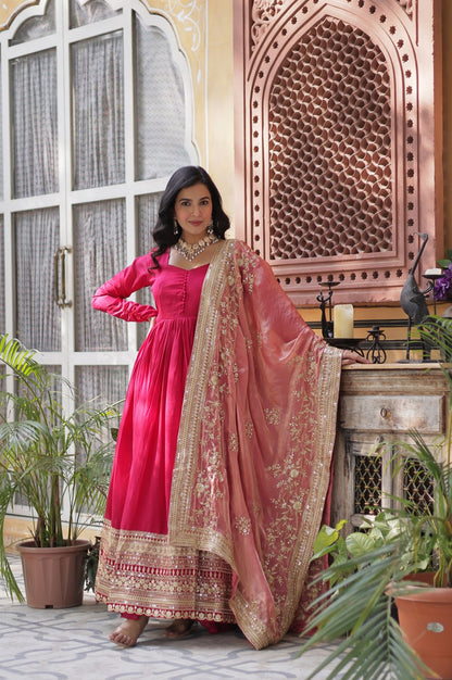 Rani Pink & Green Vichitra Gown with Dupatta – Festive Flair Edition