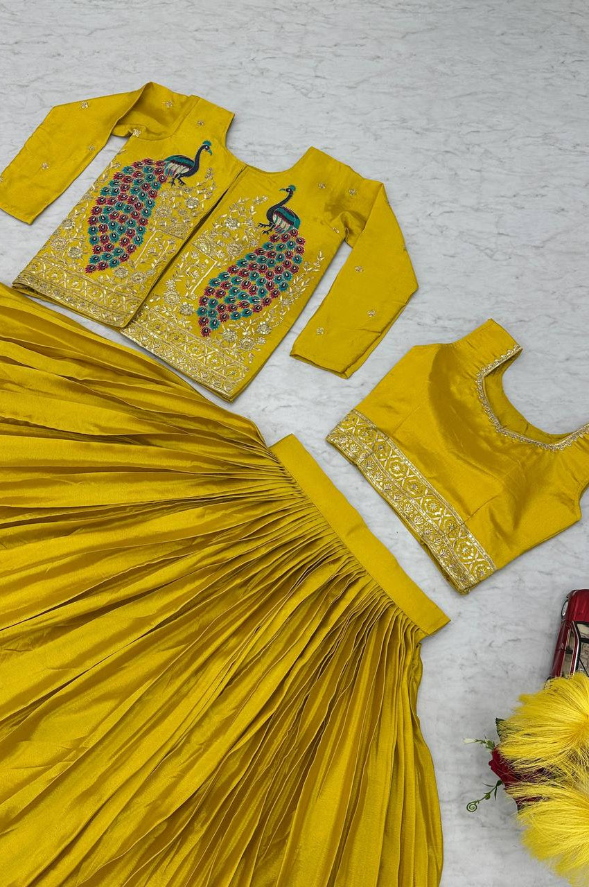 Chinon Lehenga with Heavy Embroidered Crop Top & Jacket