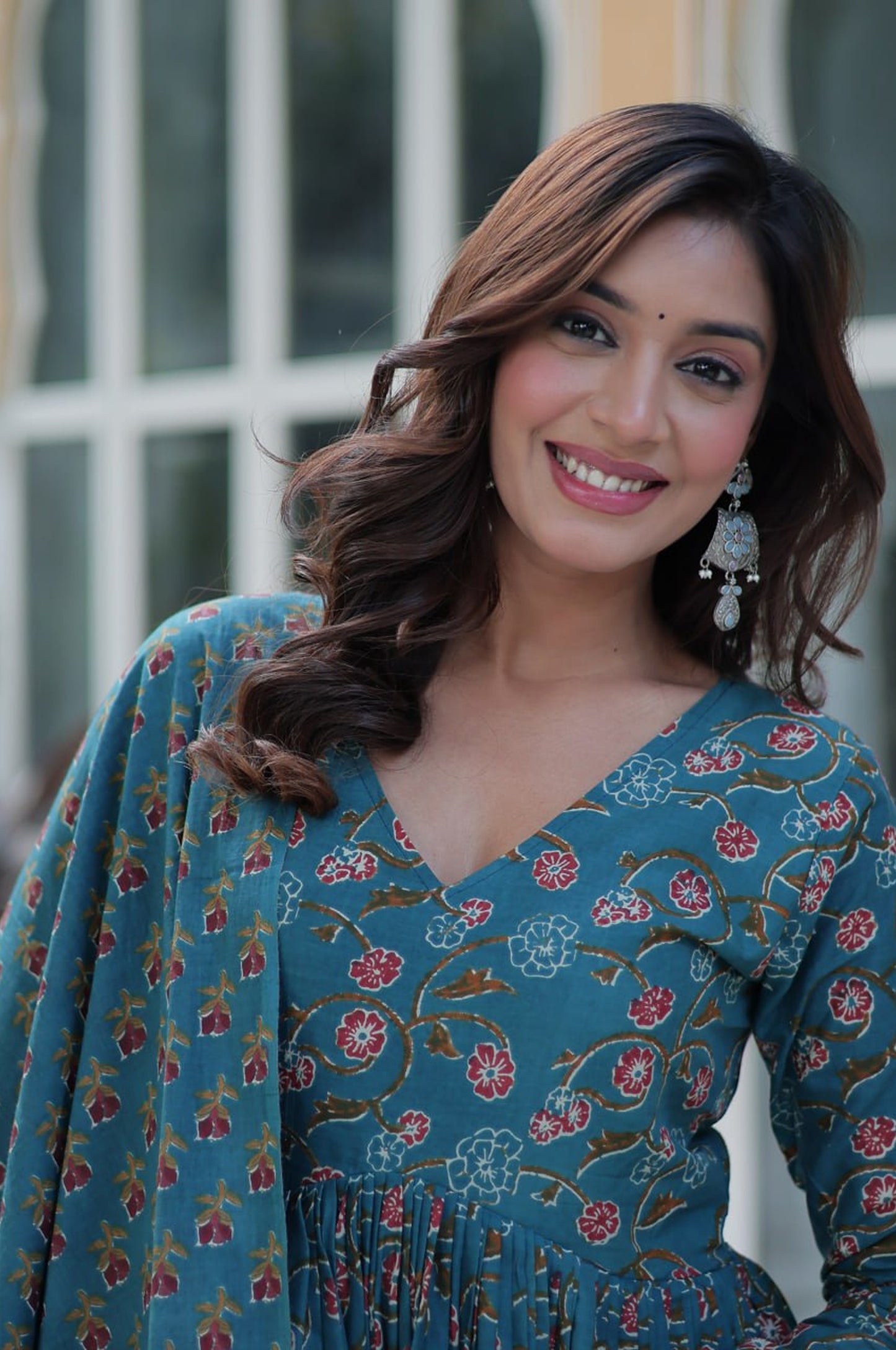 Blue & Red Premium Cotton Kurti with Pant and Dupatta Set