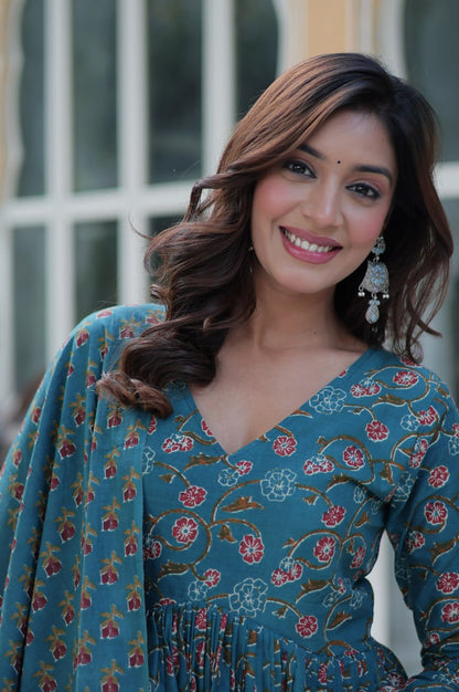 Blue & Red Premium Cotton Kurti with Pant and Dupatta Set