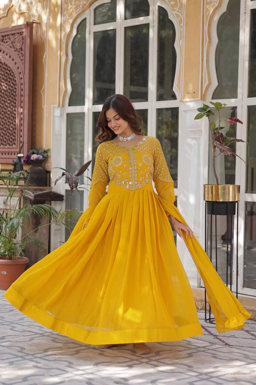 Yellow & Red Faux Blooming Designer Gown with Dupatta