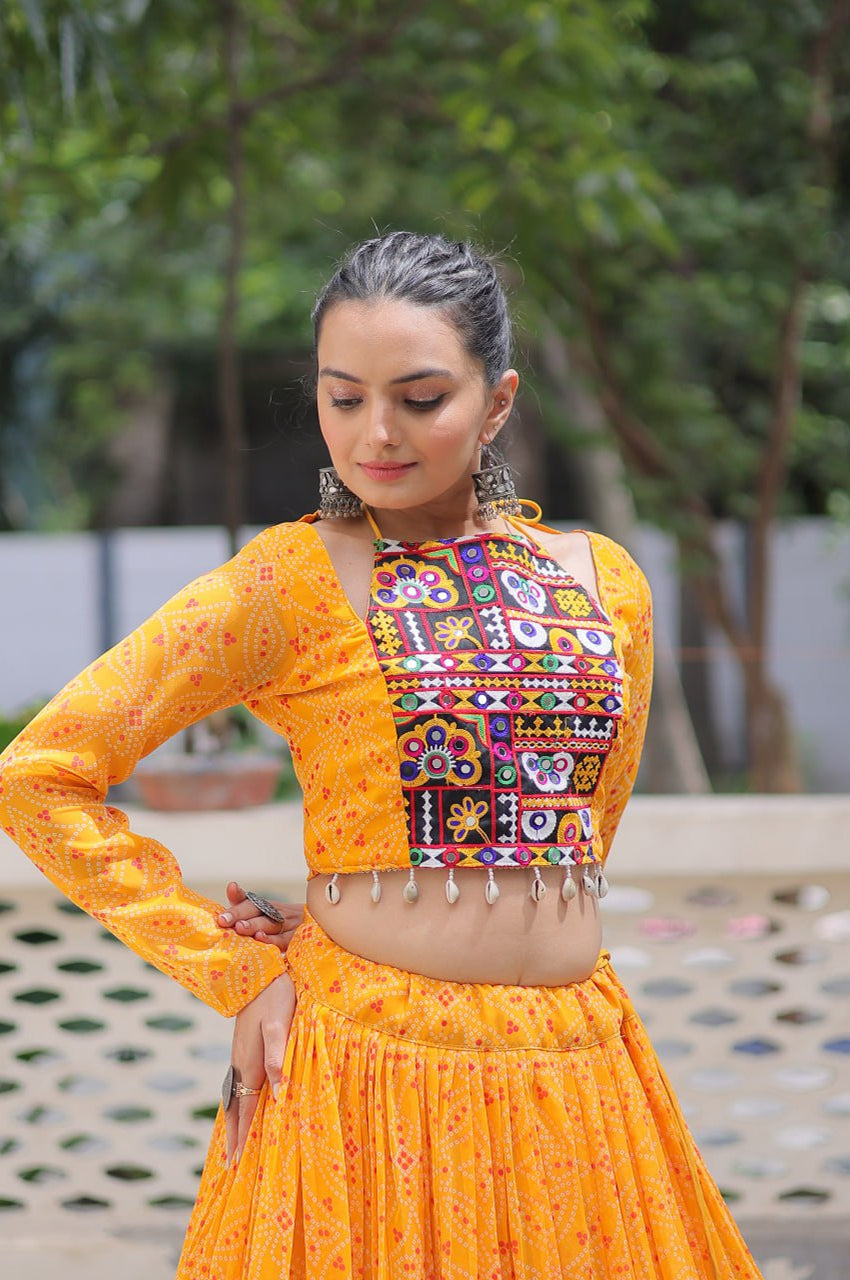 Bandhej Print Navratri Lehenga Choli with Gamthi Embroidery & Gotta Patti Lace – 12 Meter Flair (Fully Stitched)