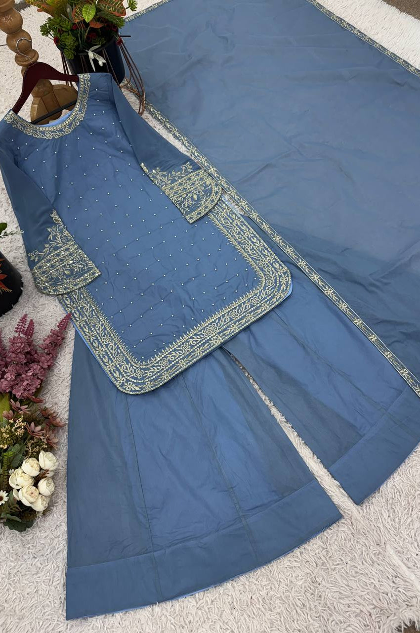 Faux Georgette Designer Sharara Suit with 5mm Sequins Embroidery – Fully Stitched Top, Sharara & Dupatta Set