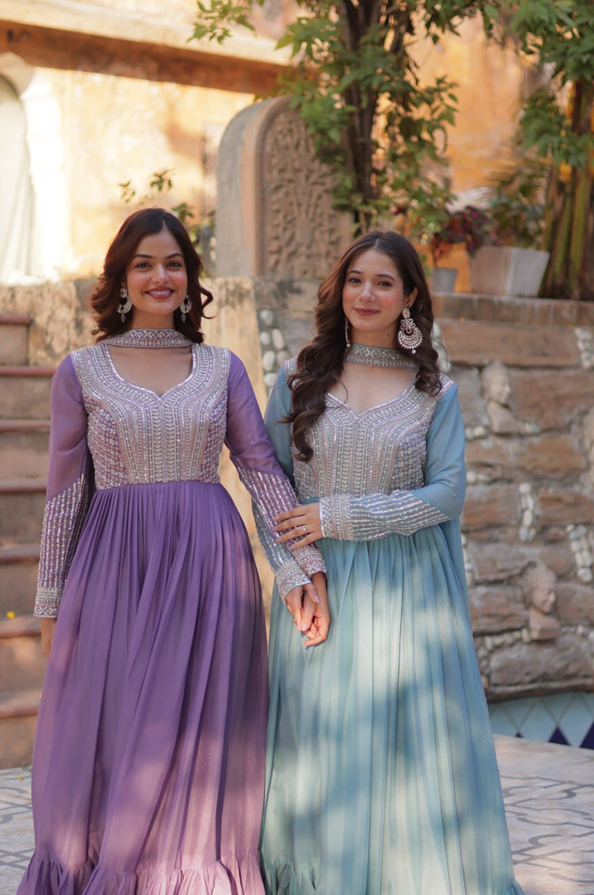 Elegant Star Georgette Gown with Beads + Dupatta | Sky Blue & Purple