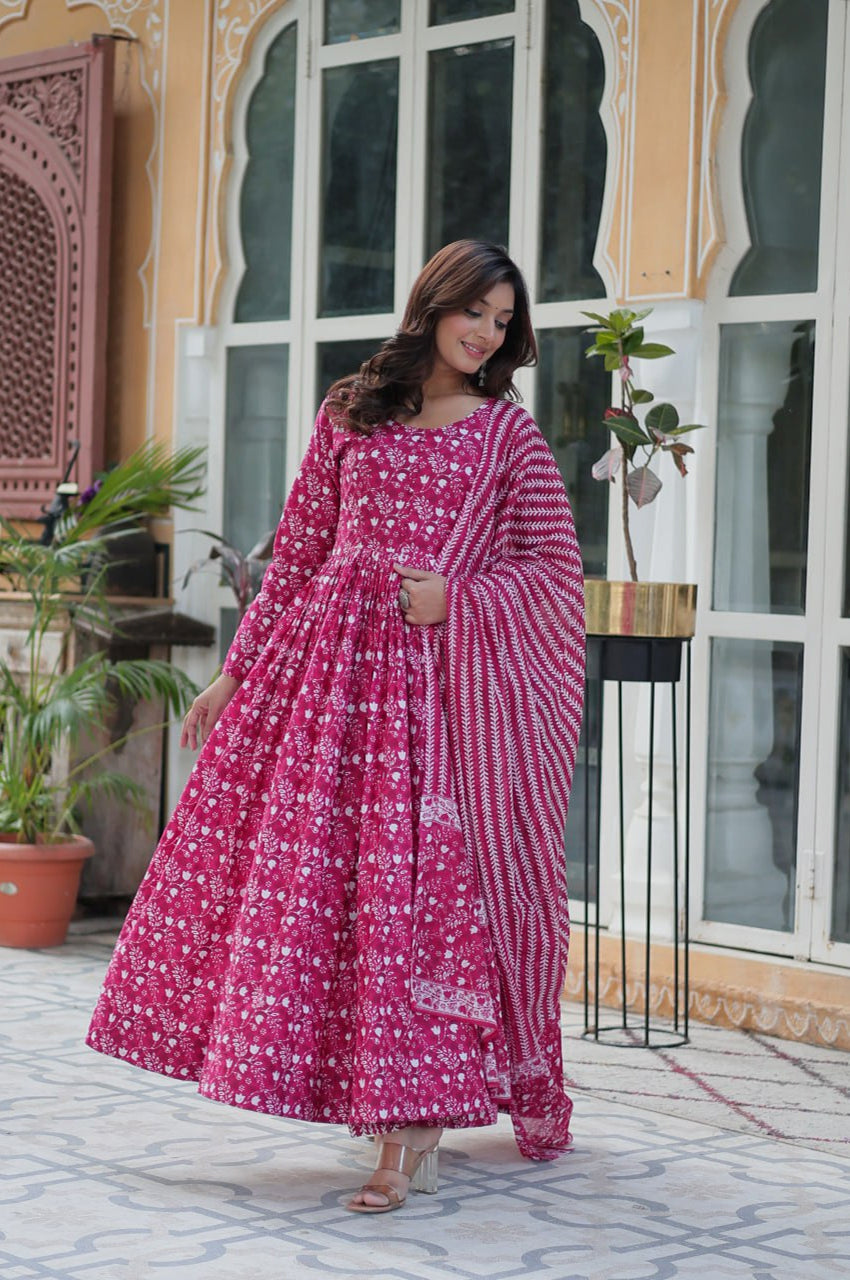 Pure Cotton Kurti with Pant & Dupatta Set | Blue & Pink | Ethnic Chic