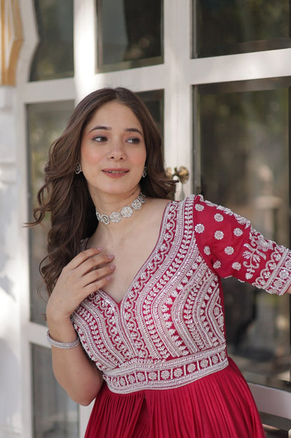 Slit-Cut Long Kurti with Lehenga Set | Purple & Red