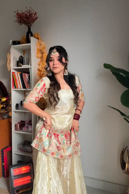 Cream Chinon Silk Embroidered Gharara Suit Set with Dupatta