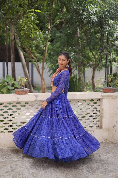 Bandhej Print Navratri Lehenga Choli with Gamthi Embroidery & Gotta Patti Lace – 12 Meter Flair (Fully Stitched)