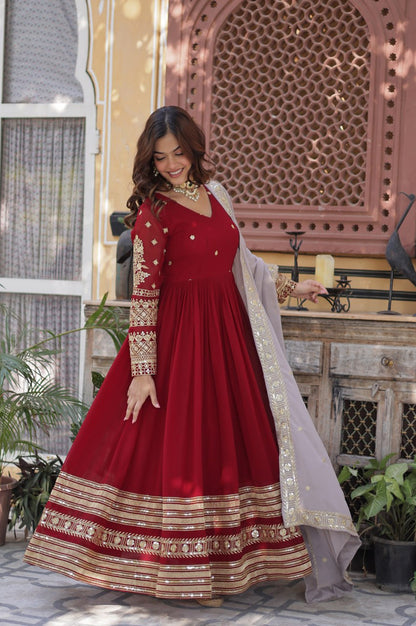 Maroon Designer Gown Set with Zari Sequin Embroidery & Faux Dupatta