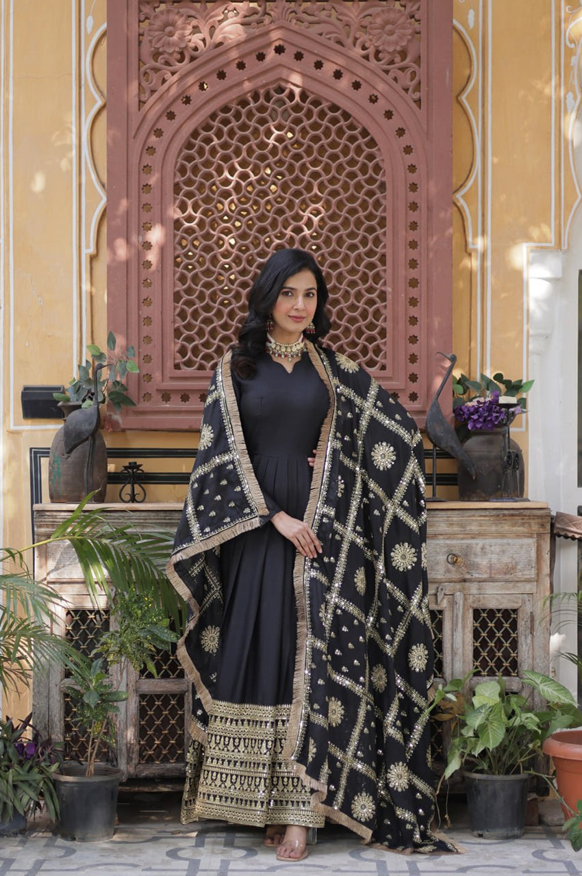 Black & Maroon Star  Gown with Dupatta – Ready-to-Wear Collection